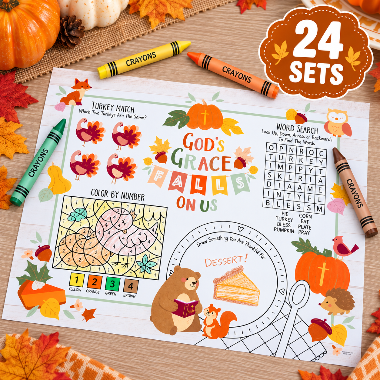 Religious Fall Harvest Thanksgiving Placemats with Crayons for 24